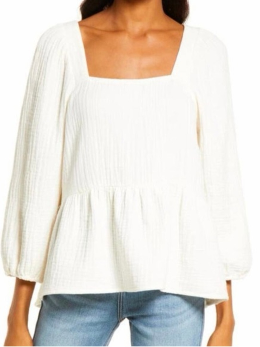 Women's Square Neck Peplum Top - Cream